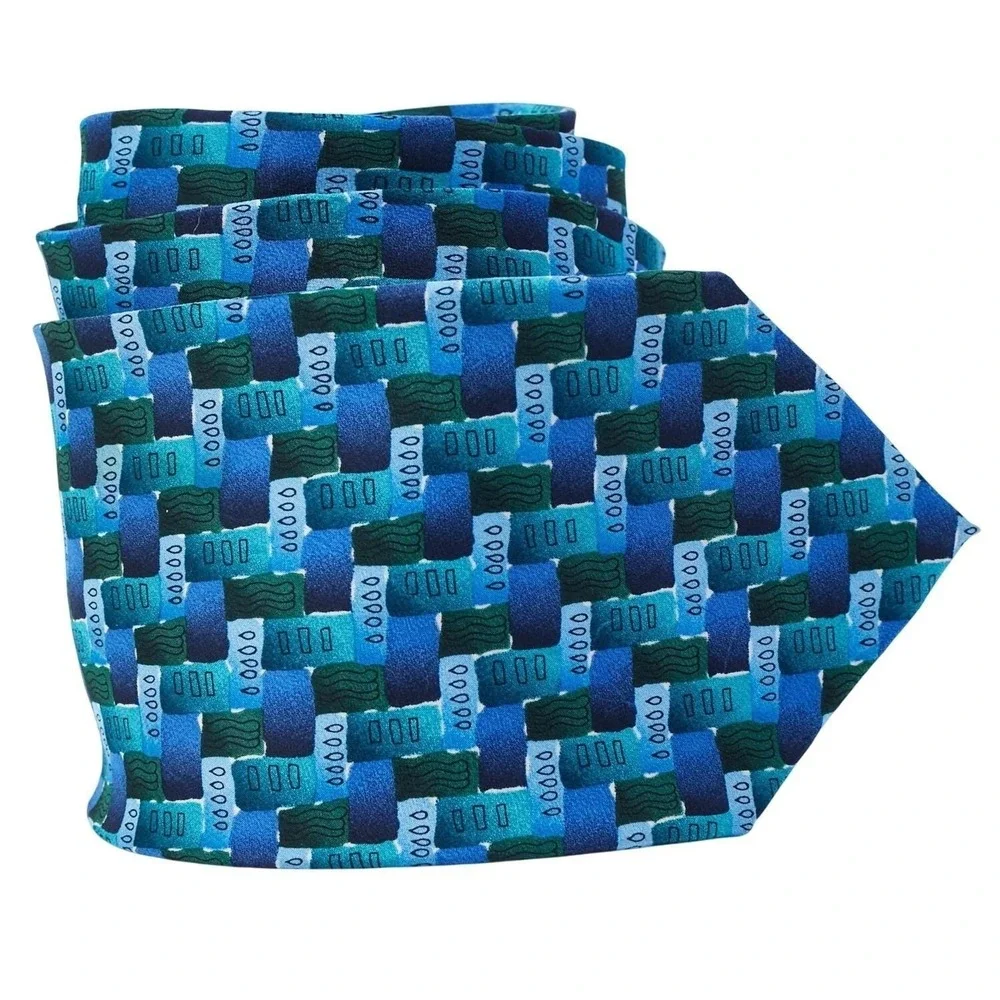 J. Garcia Men's Silk Necktie Blue/Green‎ Geometric Fish Collection 17 Necktie